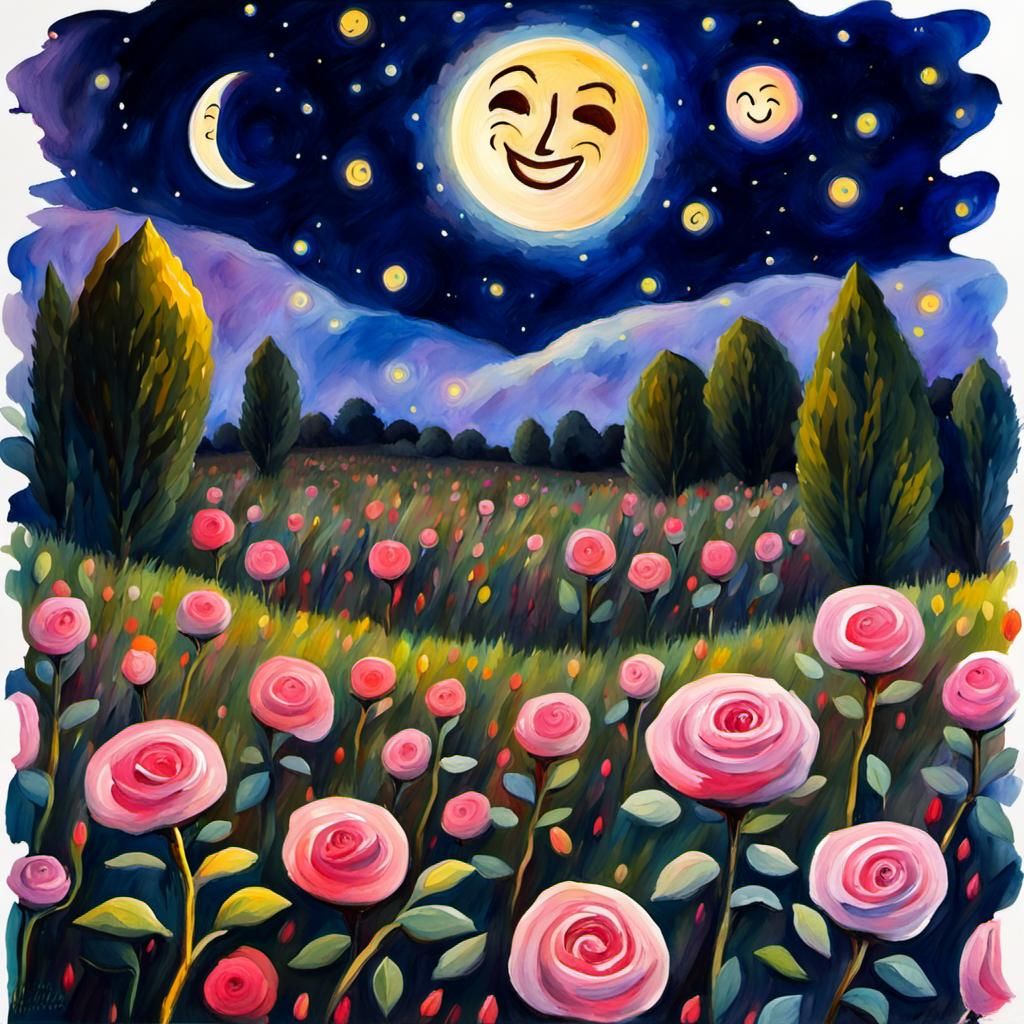 Starry Rose Fields with Fireflies in Gouache Style