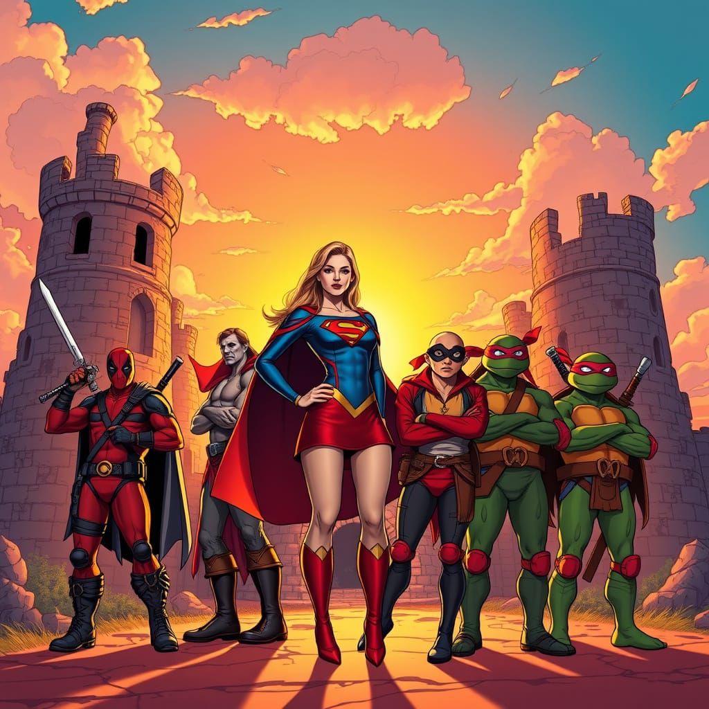 Comic Book Heroes Unite in Epic Sunset Battle Scene