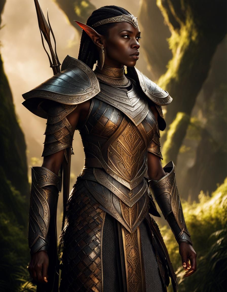 Armored African Elf Warrior in Epic Fantasy Style