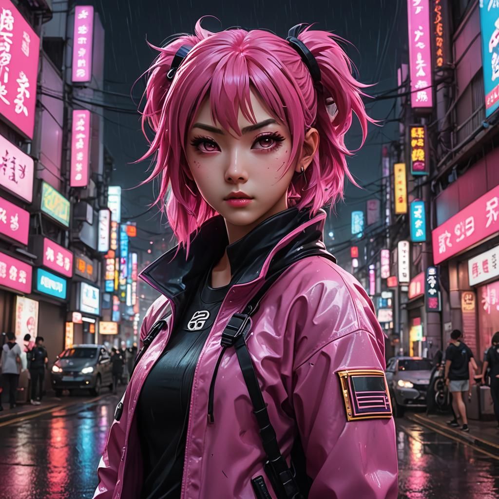 Cyberpunk Ninja in Rainy Tokyo Street