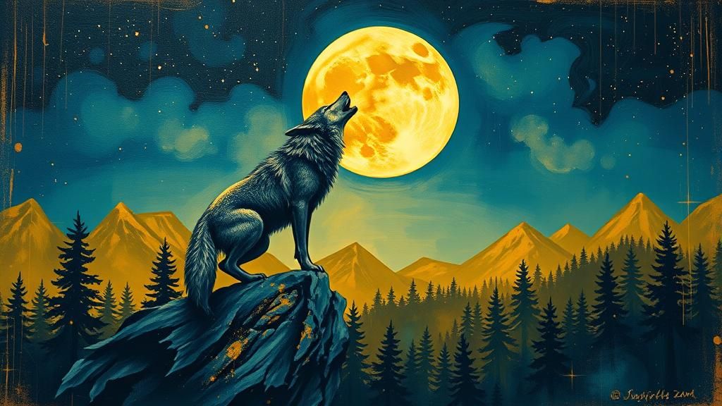 Yellow Wolf Howling at Moon Graffiti Art