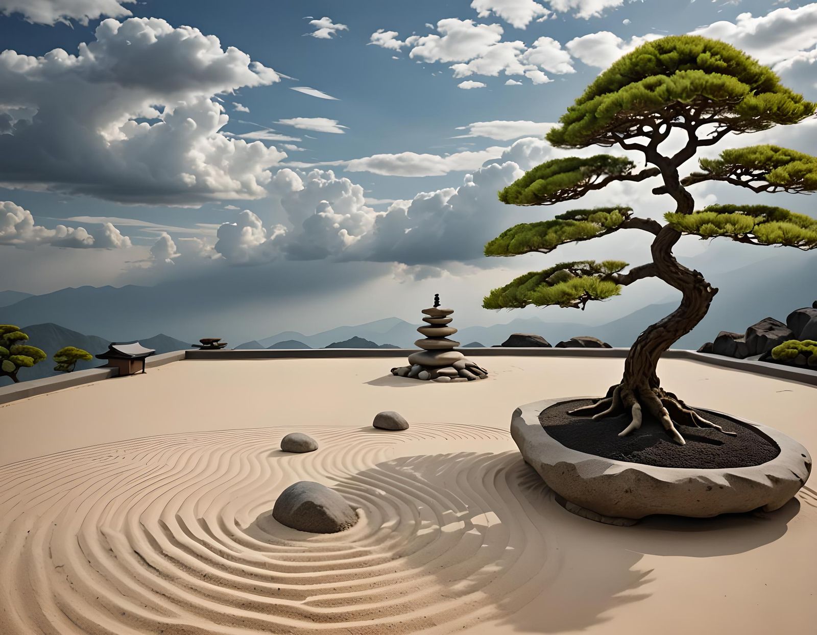 Tranquil Zen Garden with Bonsai Tree