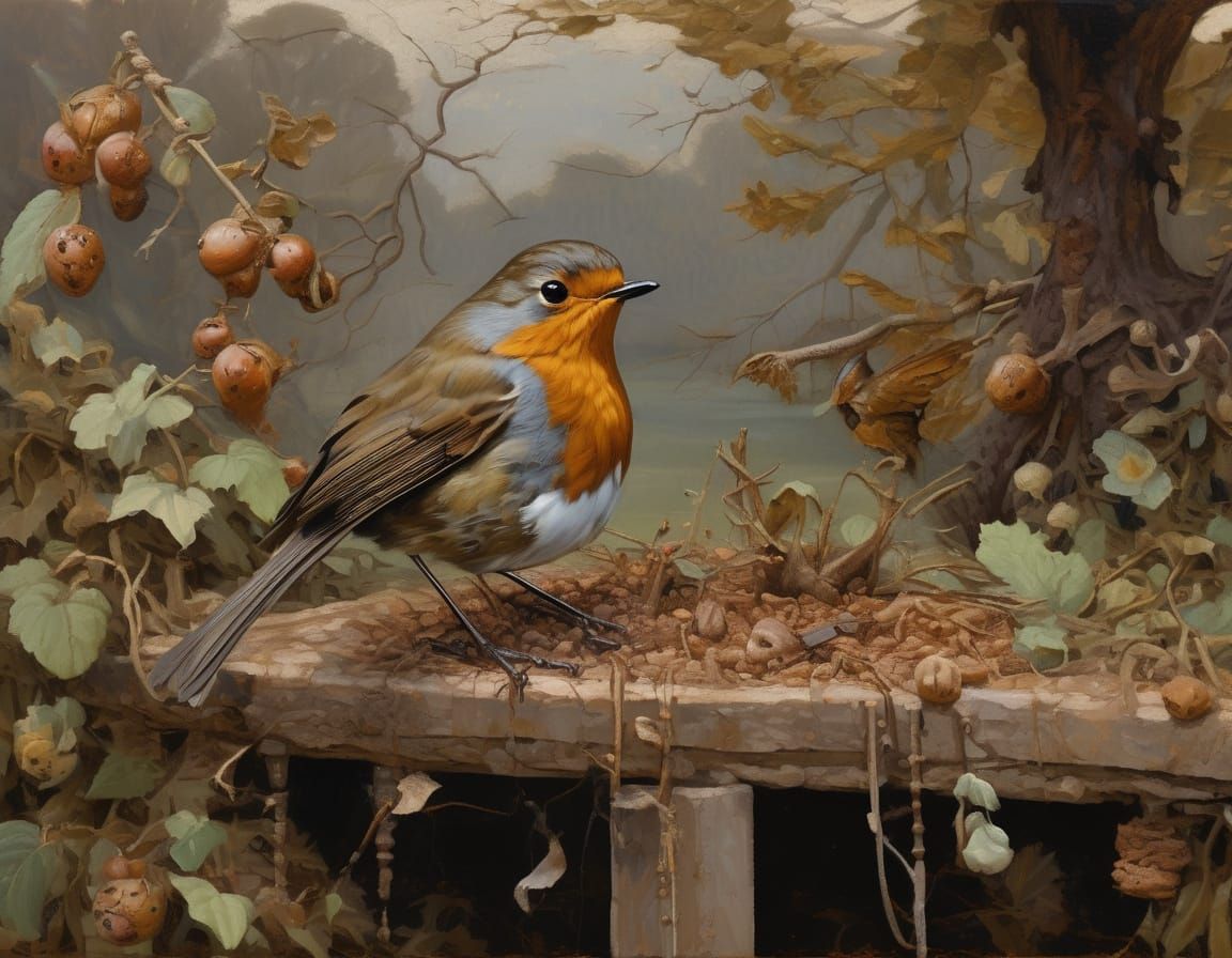 Robin in Withered Garden: Pre-Raphaelite Oil Painting