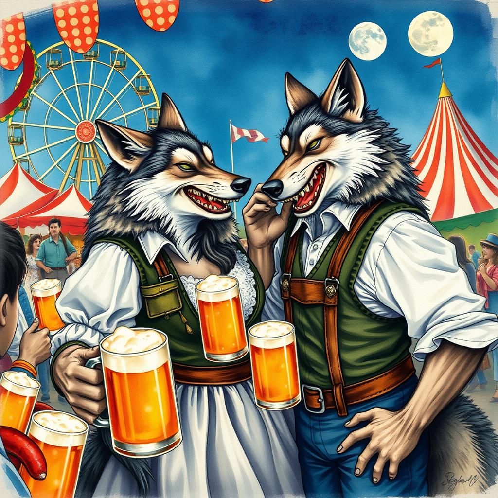 Oktoberfest Celebration with Werewolves in Folk Art Style