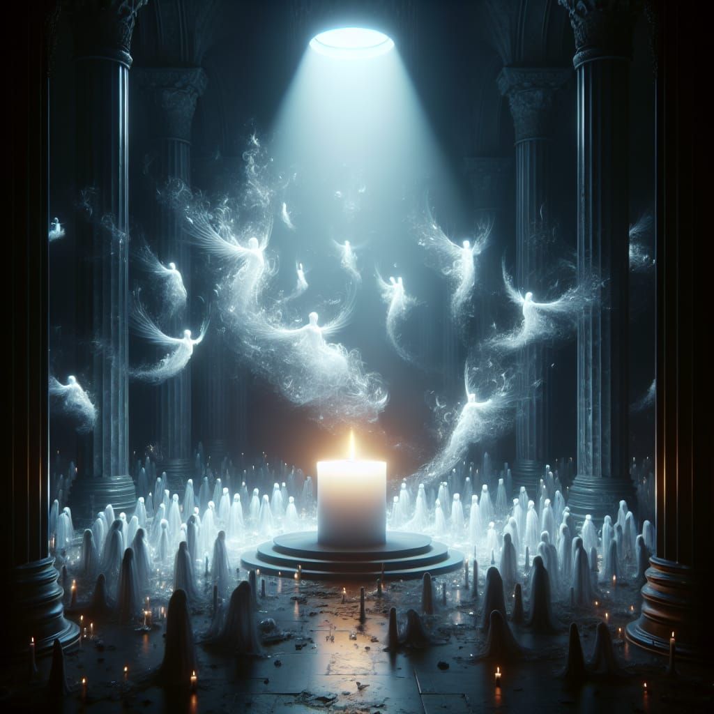 Ethereal Spirits Guarded by Candle in Dark Room