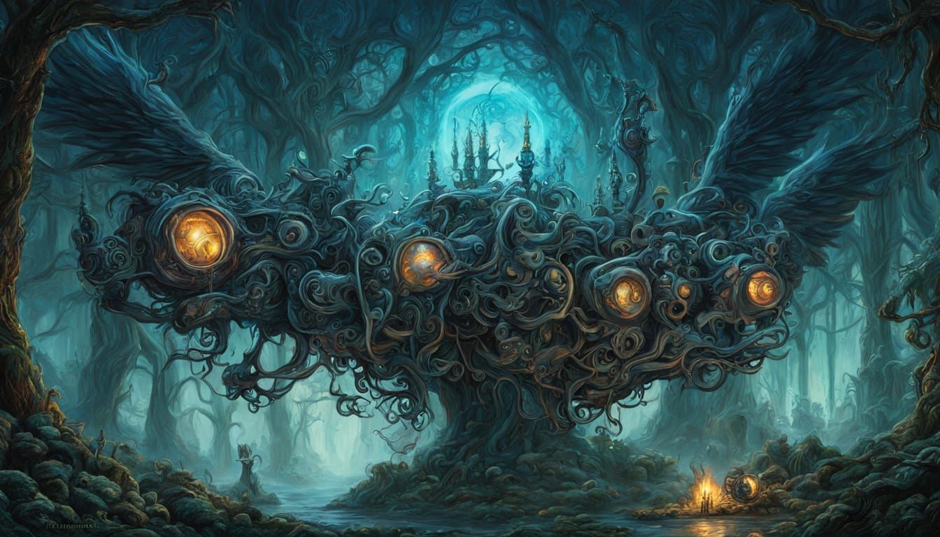 Mechanical Phoenix in Ethereal Forest