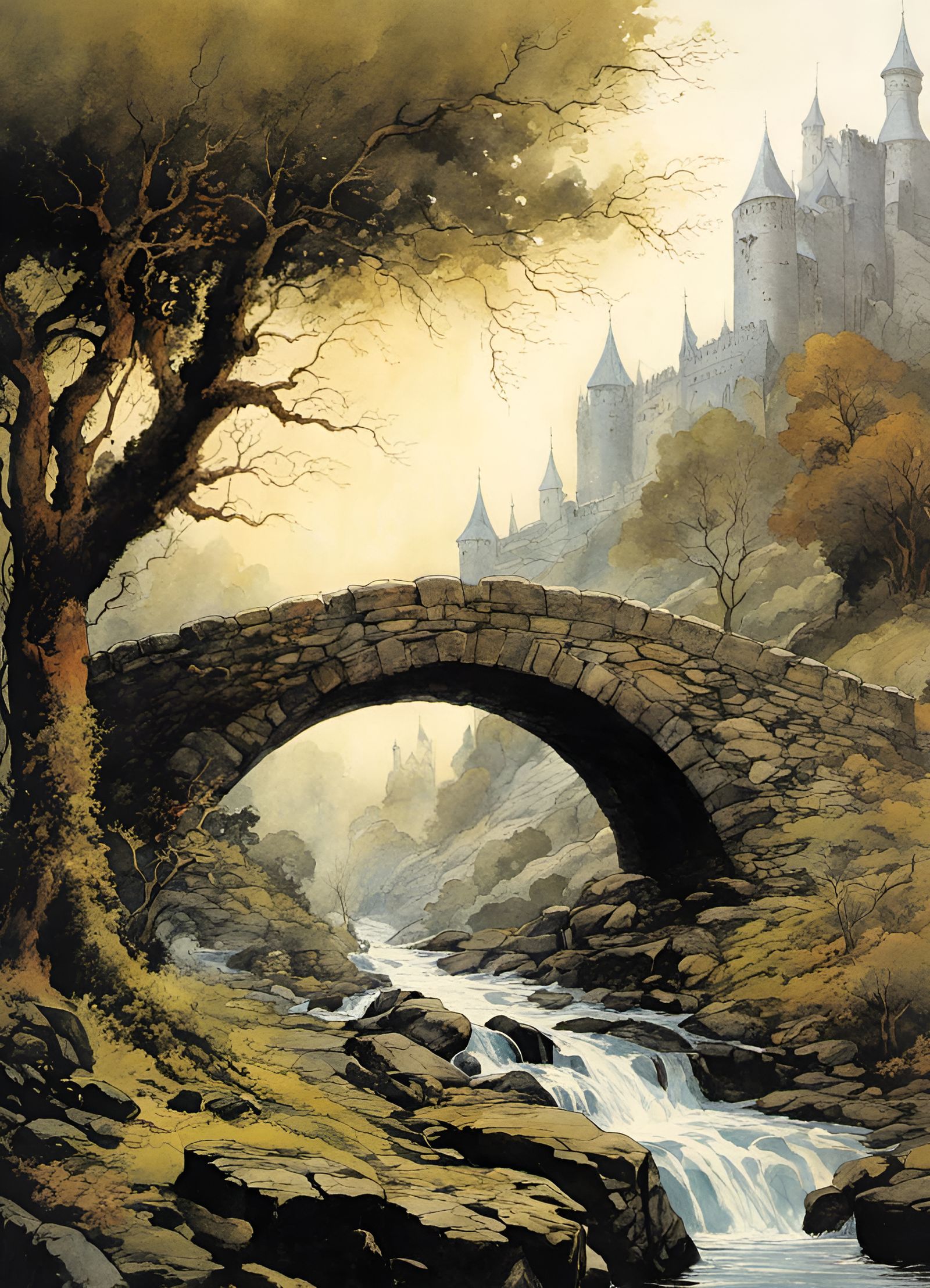 Fantasy Stone Bridge in Surreal Ink Painting