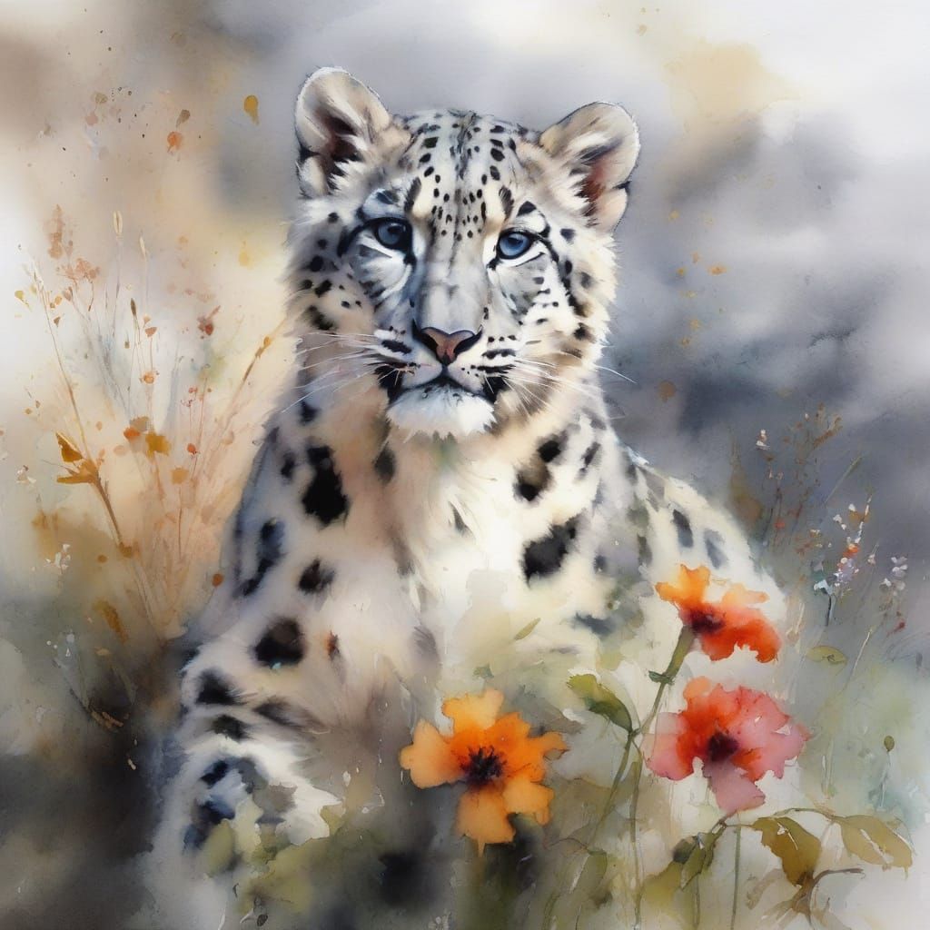 Playful Snow Leopard Cub on Sunlit Ledge with Wildflowers