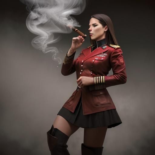Female Officer in Red Leather Uniform Smoking Cigar