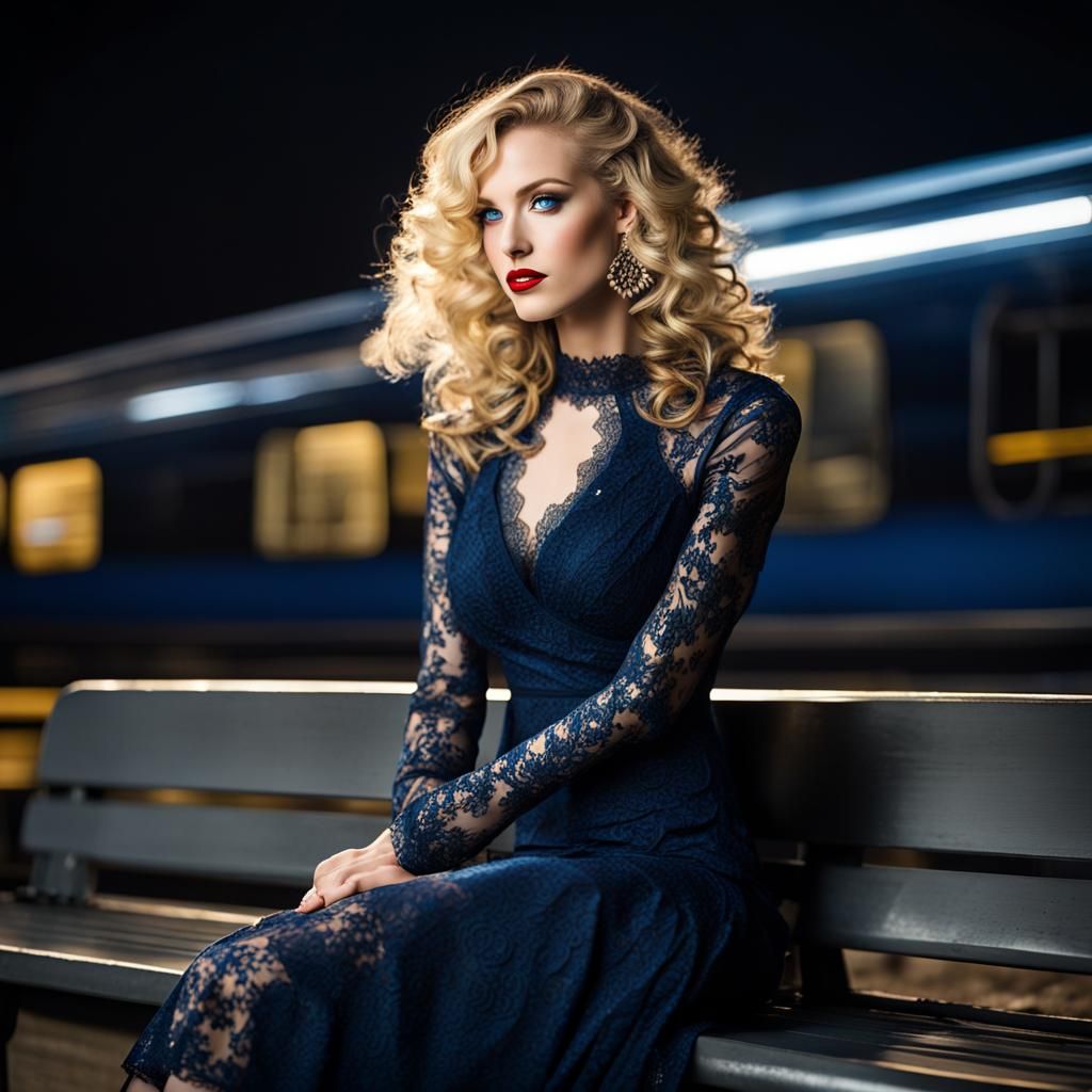 Blonde Woman Awaits High-Speed Train in Art Deco Style