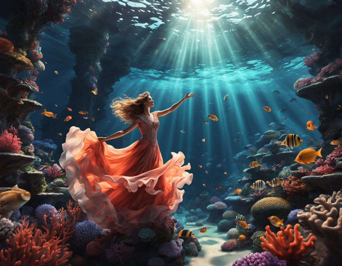 Woman Dancing in Vibrant Coral Reefs