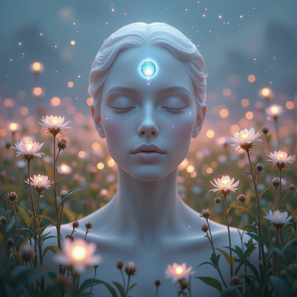 Surreal Bioluminescent Figure in Dreamlike Landscape