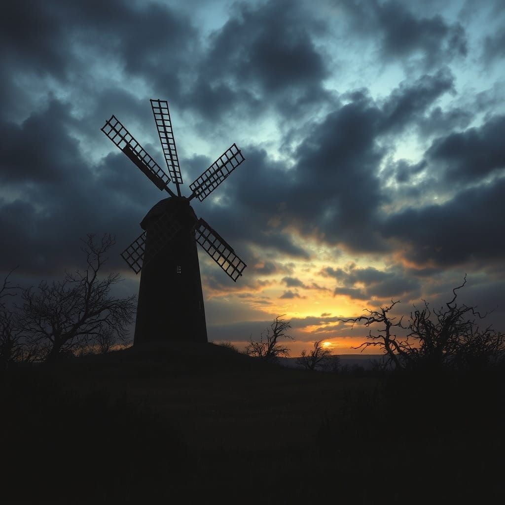 Windswept Windmill at Twilight in Gothic Romanticism Style