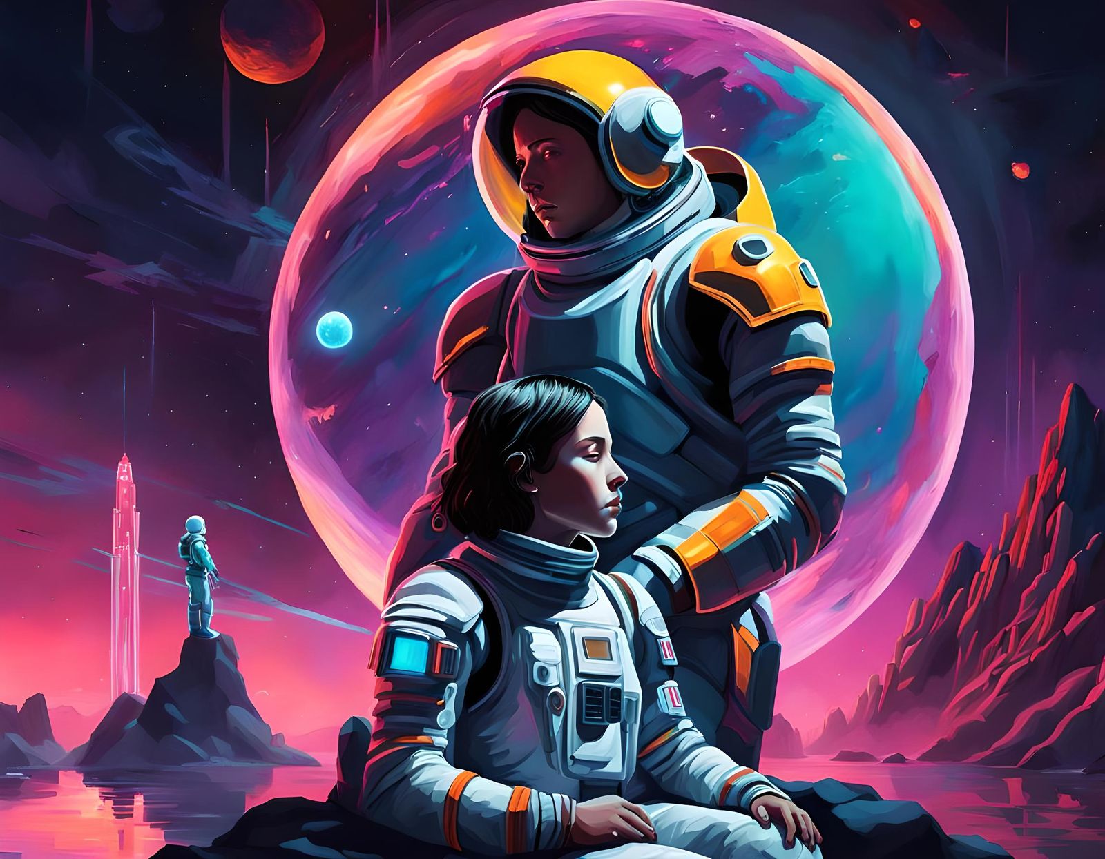 Joan of Arc and Astronaut Titan in Cyberpunk Concert