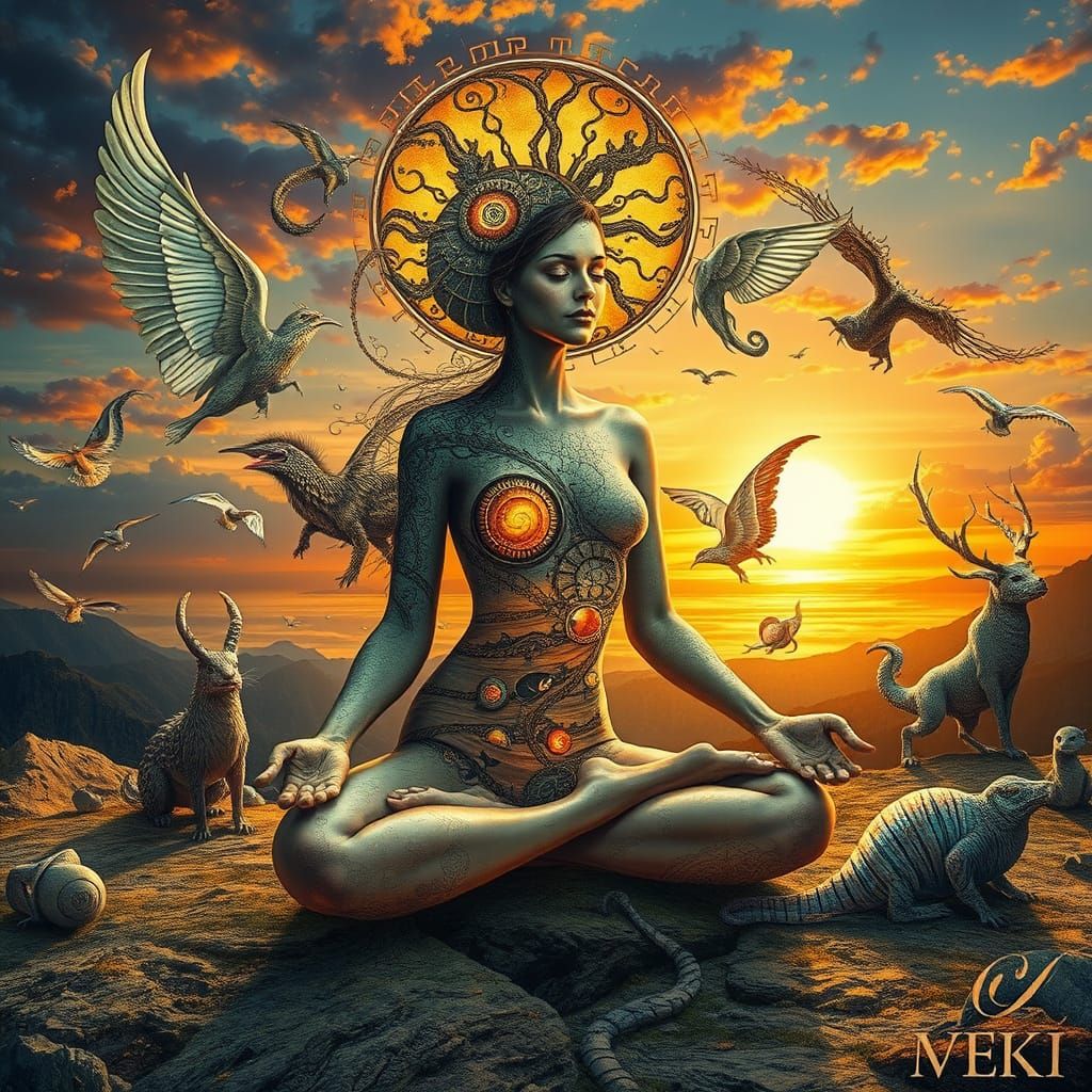 Mystical Woman with Snail Shell Body at Sunset