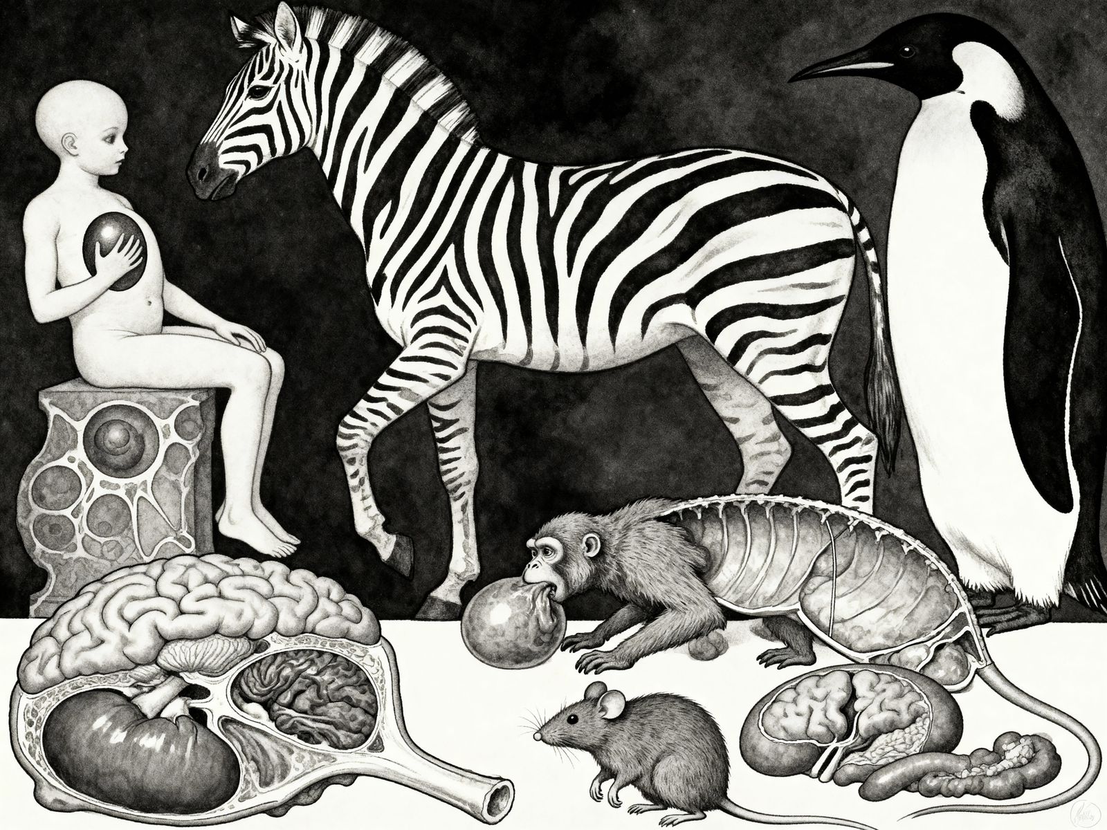 Surreal Anatomy: Zebra Penguin Rat Brain Organs in Black and...