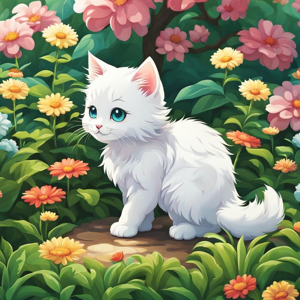 Kawaii Chibi White Kitten in Garden Anime Style