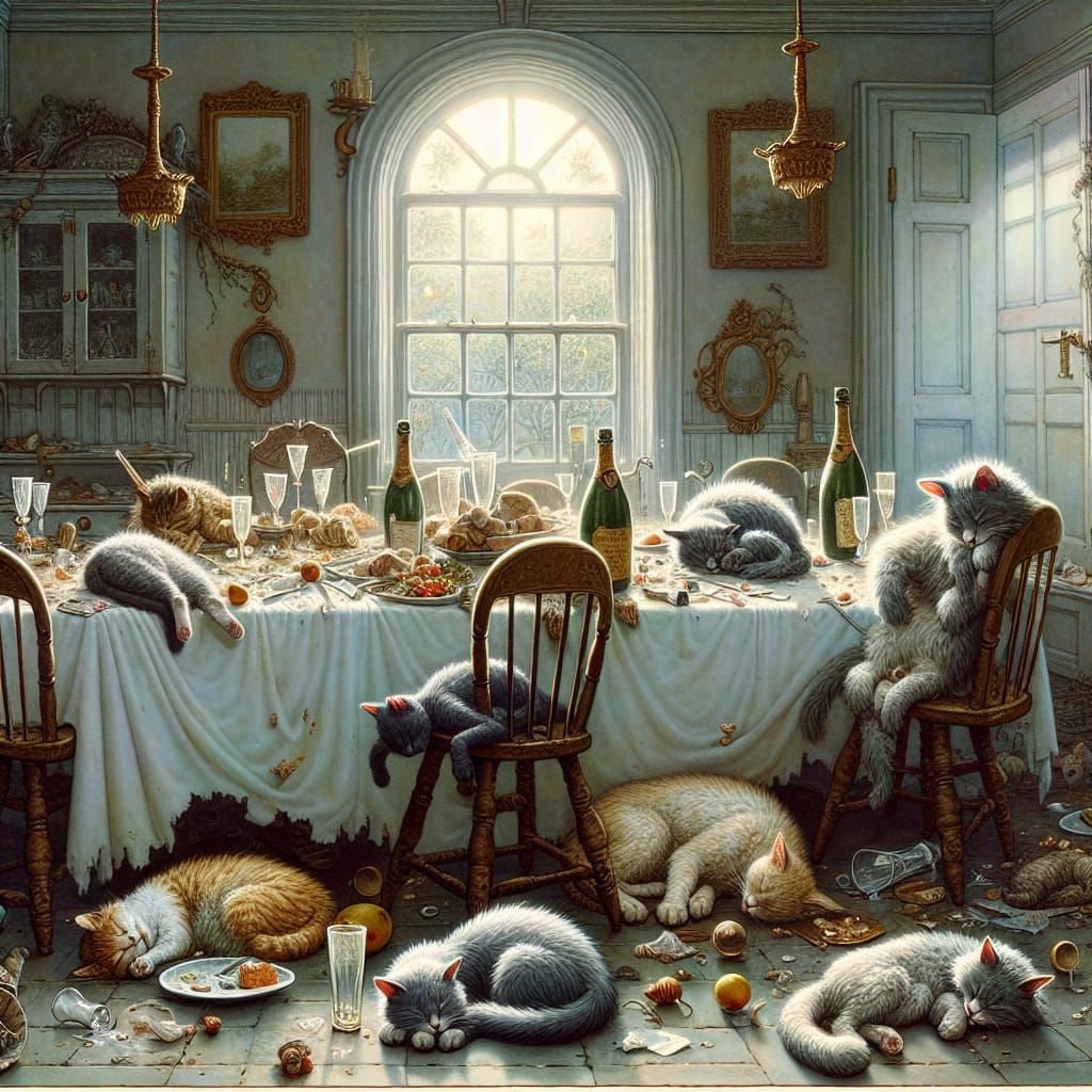 Anthropomorphic Cats Rest After New Year's Feast