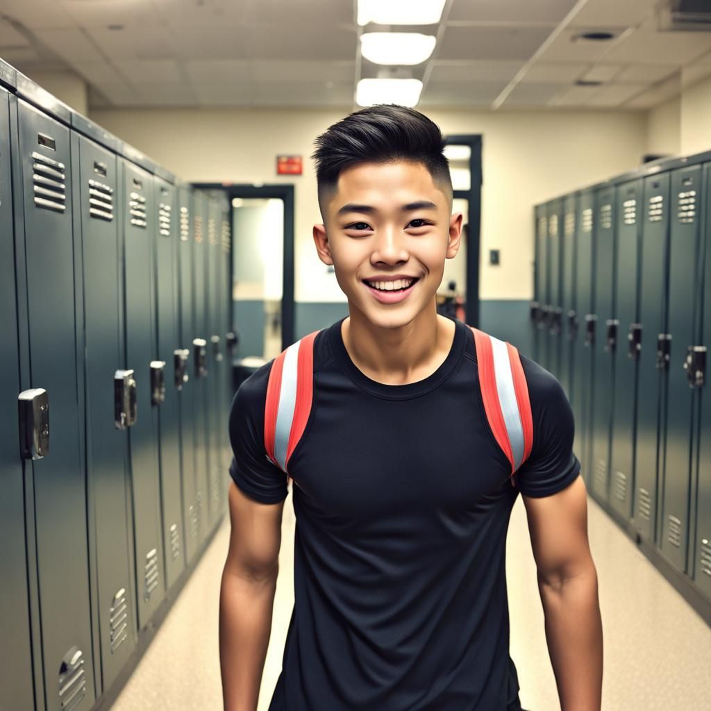 Asian fitness teen boy in a gym locker room.