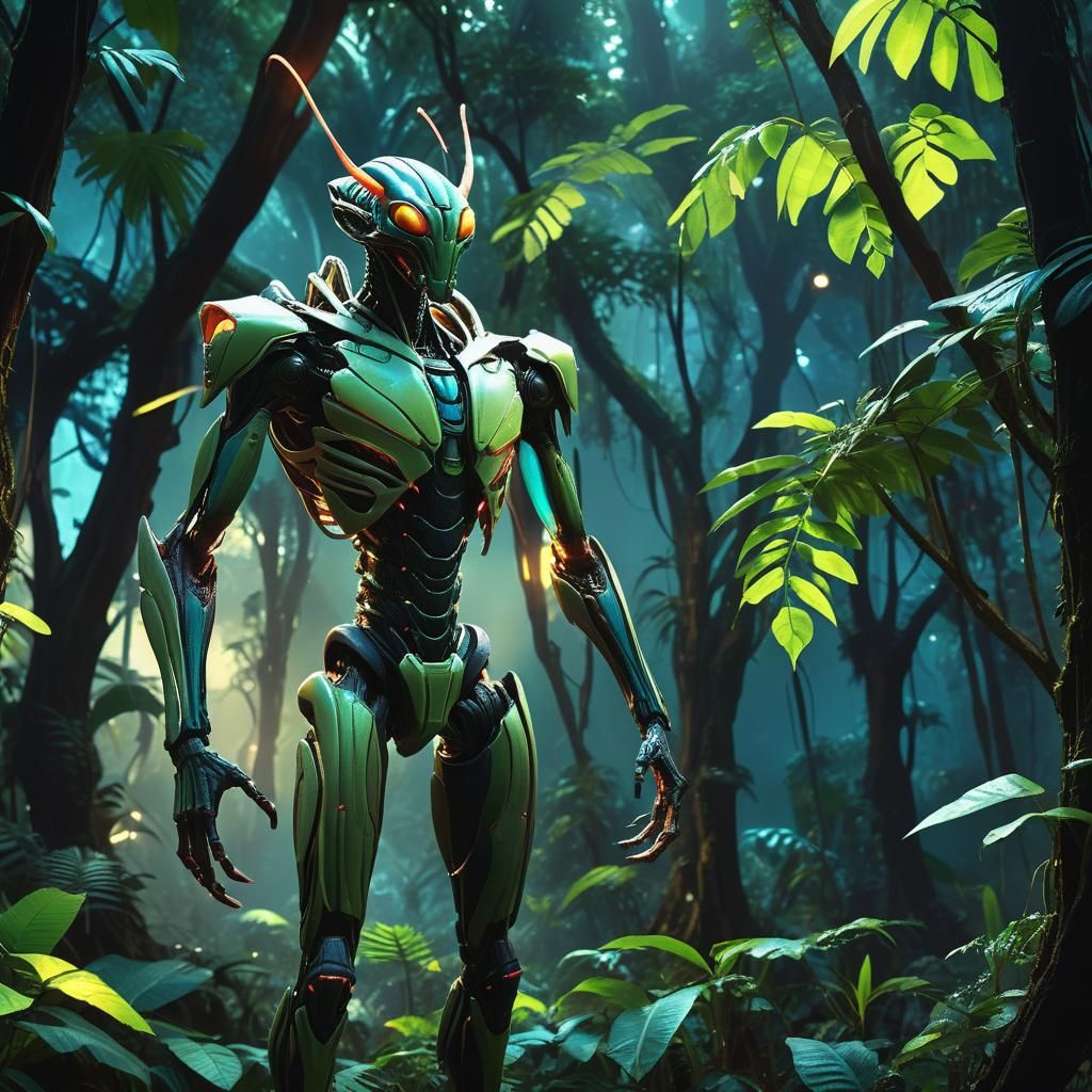 Alien Mantis Warrior in Bioluminescent Jungle