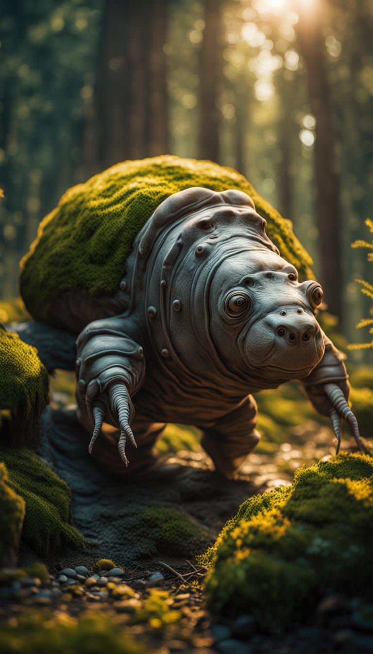 Giant Tardigrades Explore Bioluminescent Moss Jungle