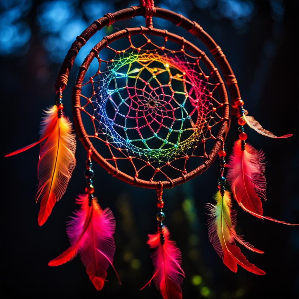 Bioluminescent Rainbow Feather Dreamcatcher: Fantasy Concept...