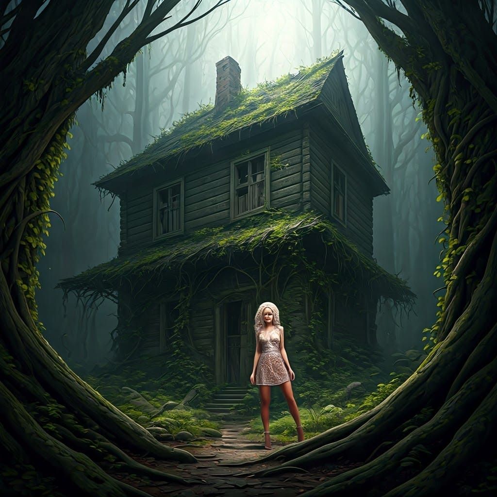 Baba Yaga's Cottage with Woman in Dark Forest