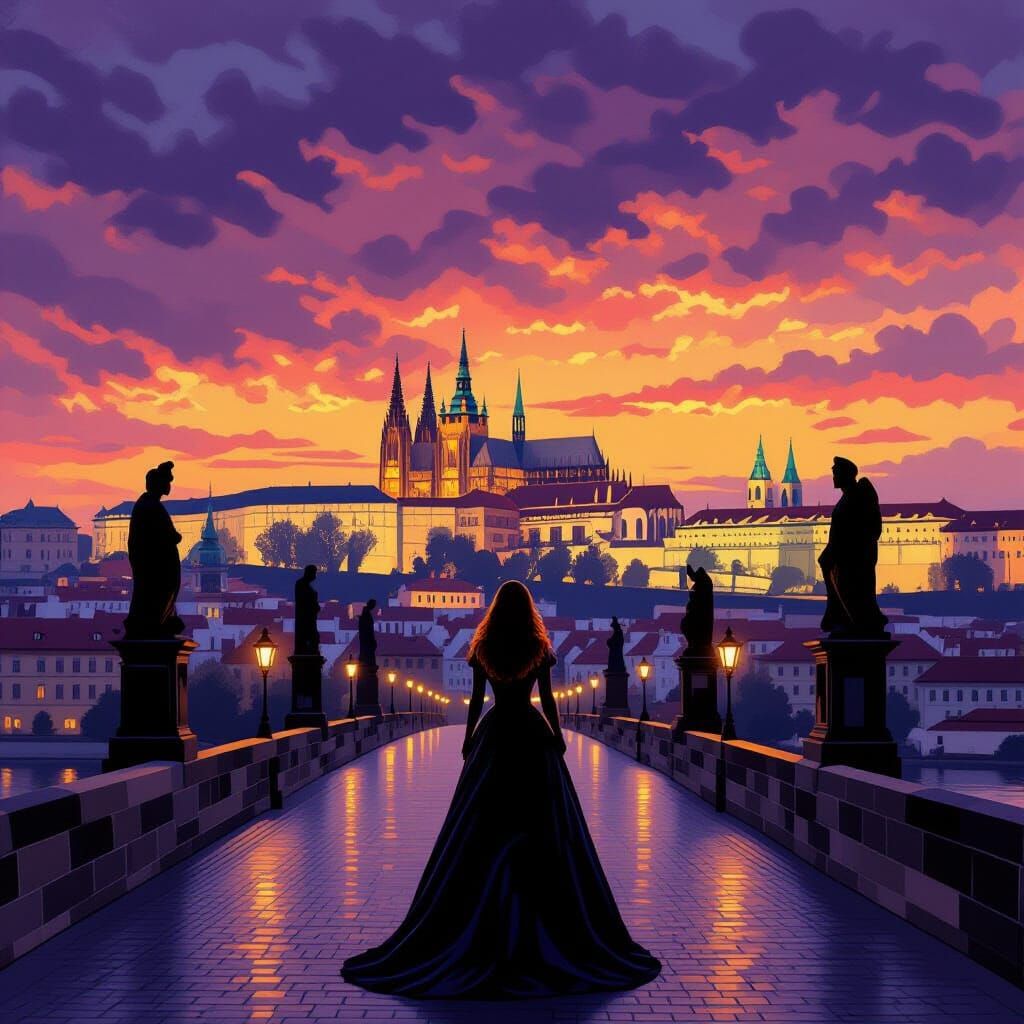 Prague Castle at Dusk in Bierstadt and Monet Style