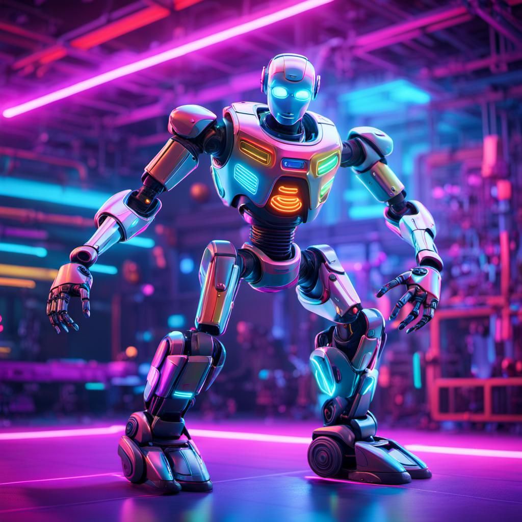 Robot Dancing Energetically in Neon Room as 3D Animation