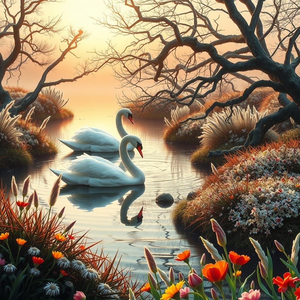 Swans at Dawn: A Hyperrealistic River Scene