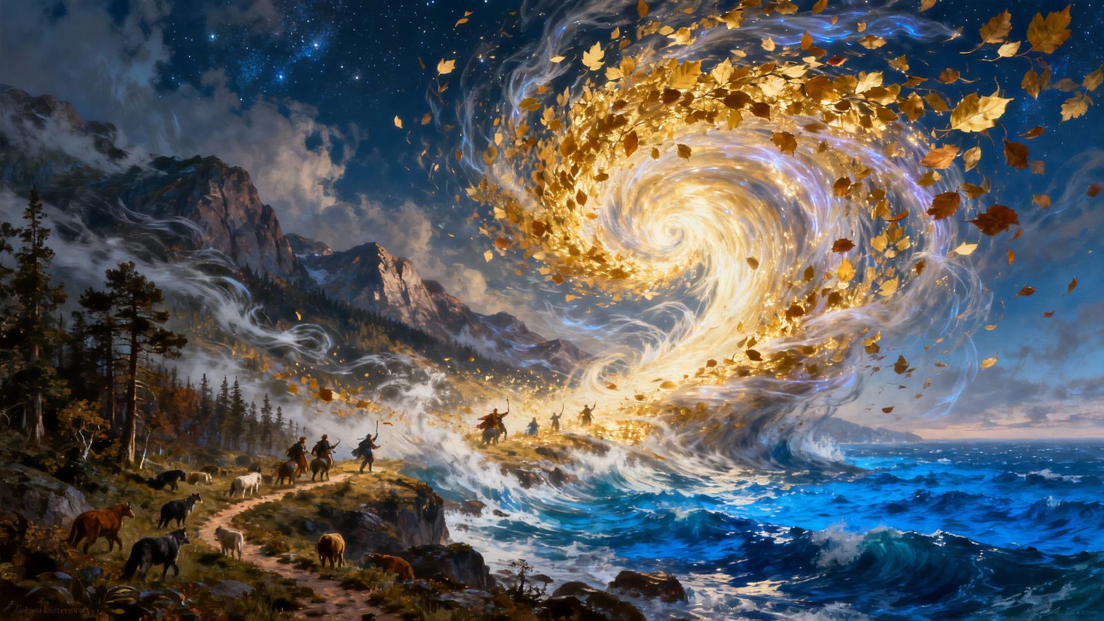 Merry Wind Personified in Epic Mountain and Sea Landscape