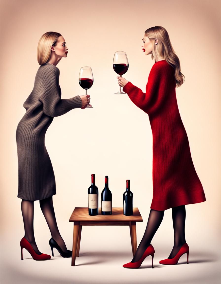 Photorealistic Women Toasting with Wine in Sweater Dresses
