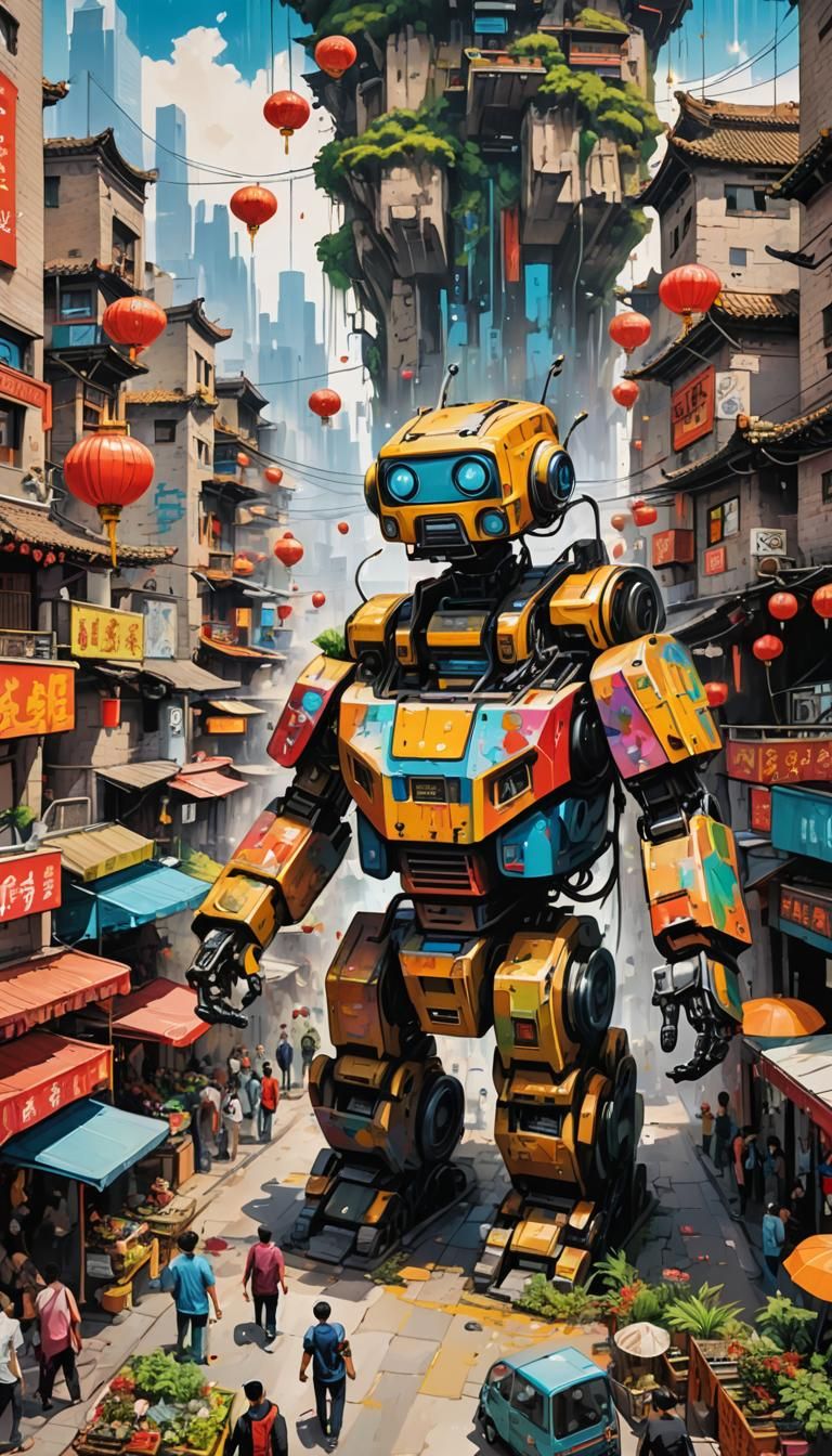 Futuristic Beijing Street Scene in Graffiti Art Style