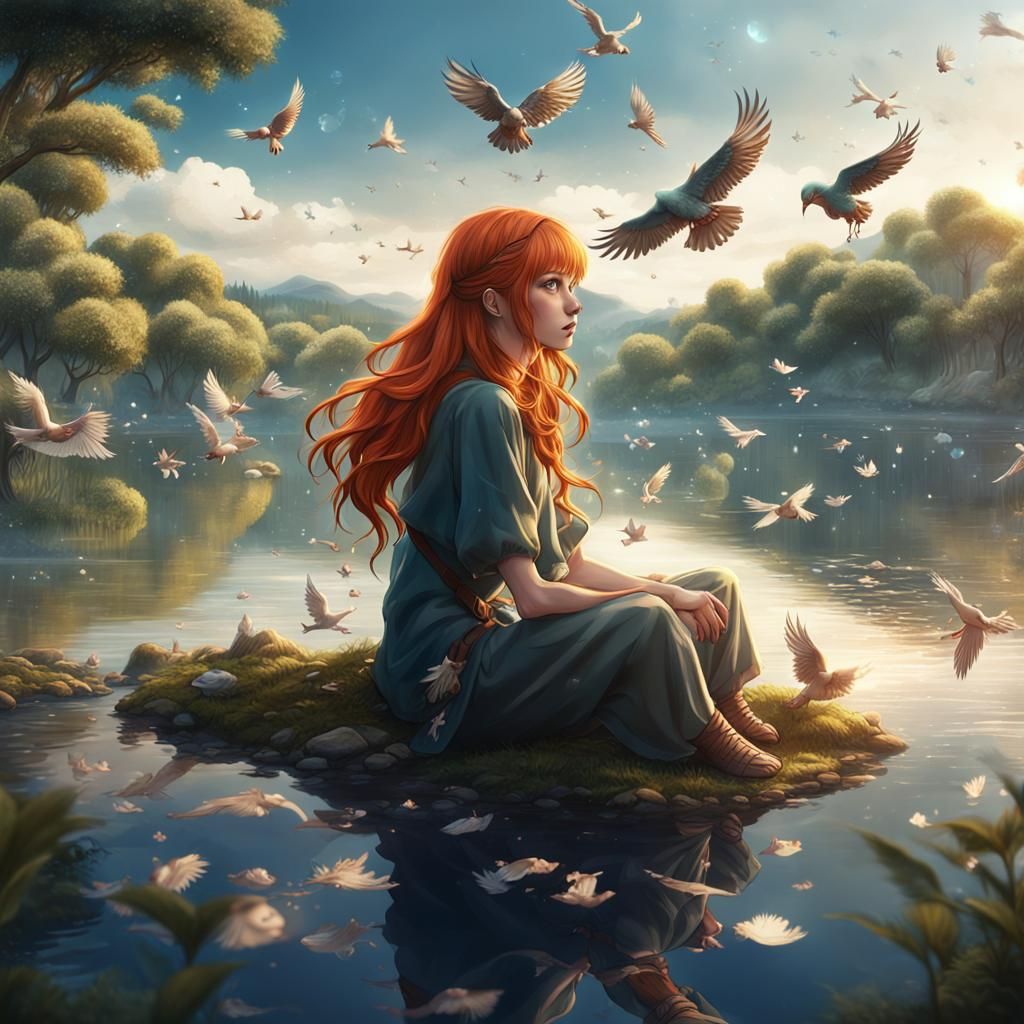 Anime Girl with Crystal Birds: Detailed Matte Painting