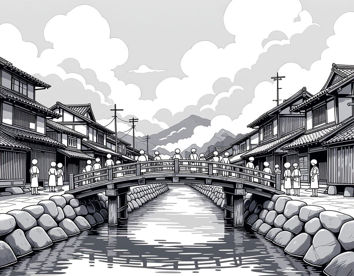 Anime Sketch of Japanese Village with Worried Villagers