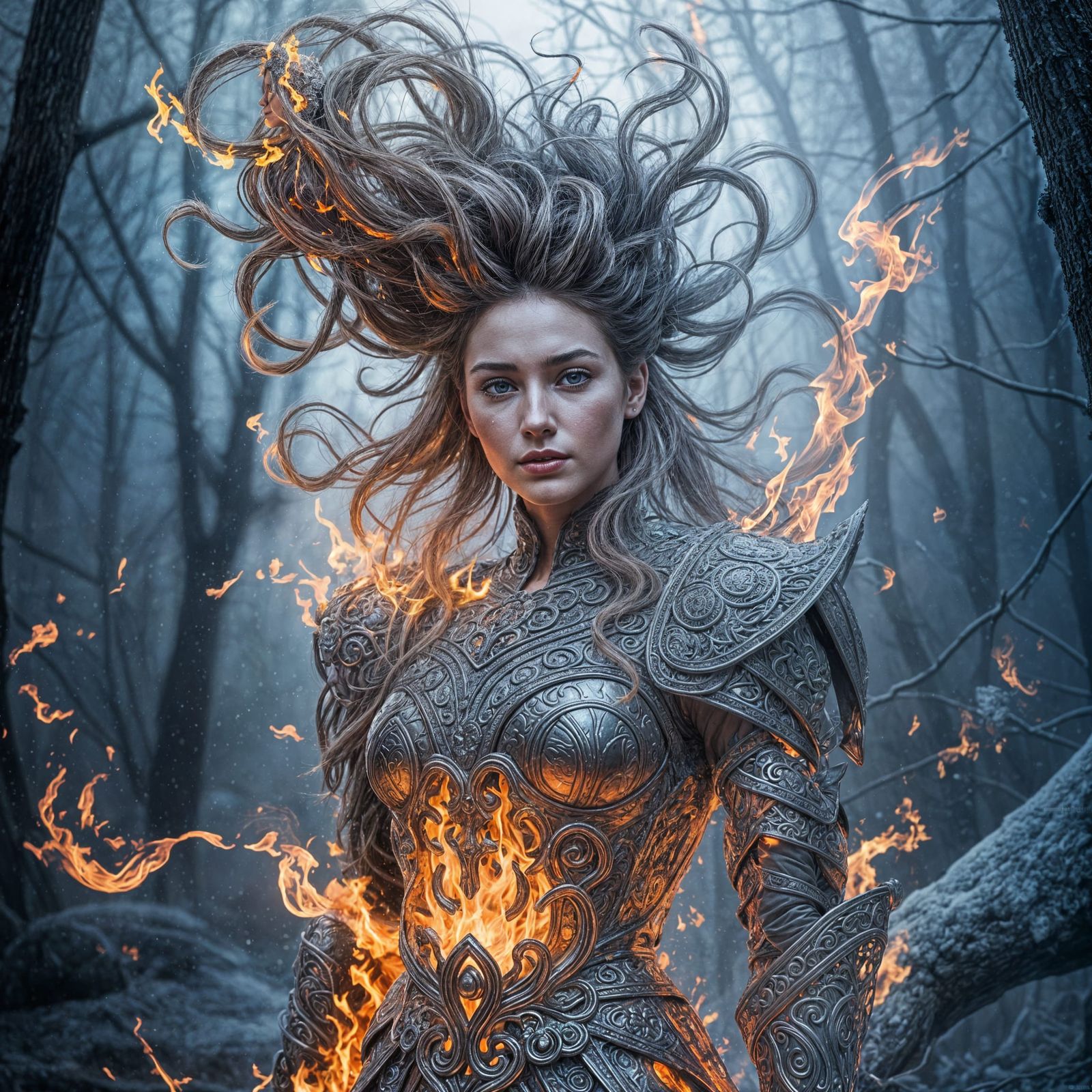 Goddess of Fire and Ice in Foggy Forest