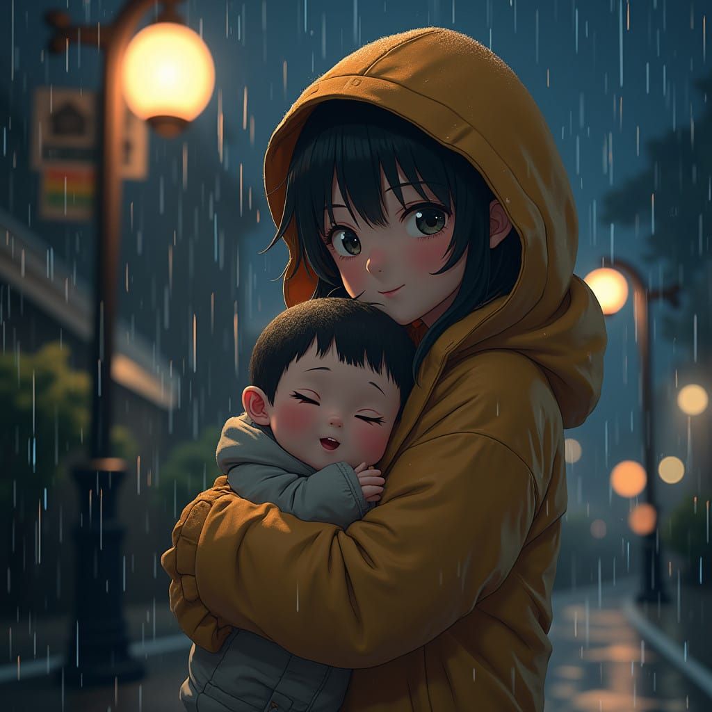 Mother and Baby Find Solace Under Rainy Night Streetlamp