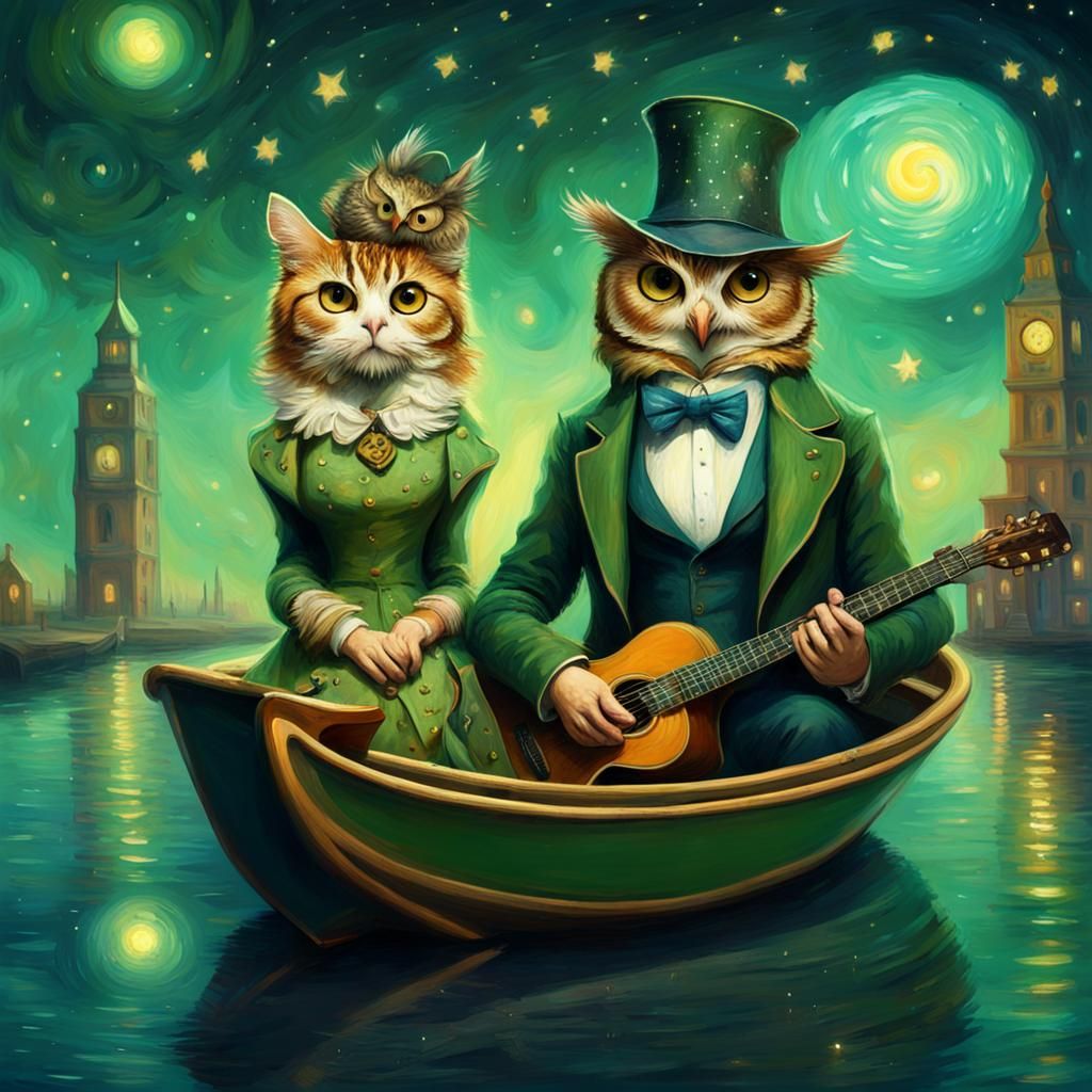 Lady Cat and Owl Serenade in Starry Night