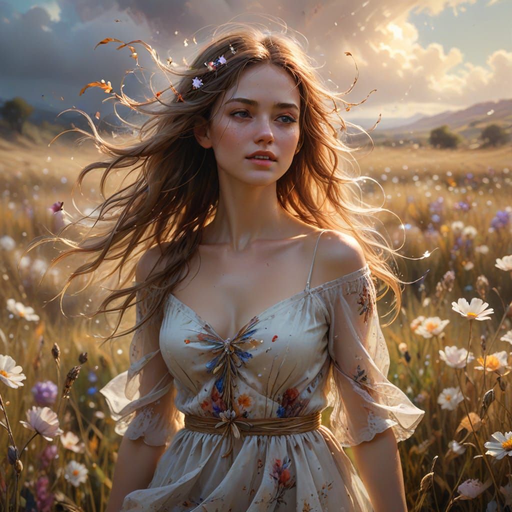 Woman in Flower Field with Flowing Hair in Golden Hour