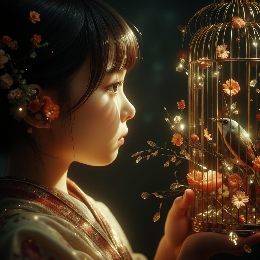 Child's Curious Gaze at Nightingale in Antique Birdcage