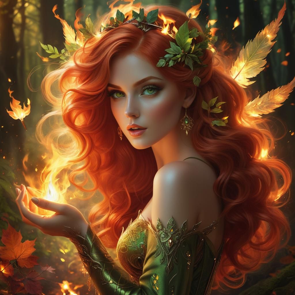 Redhead Fire Goddess in Autumn Woods