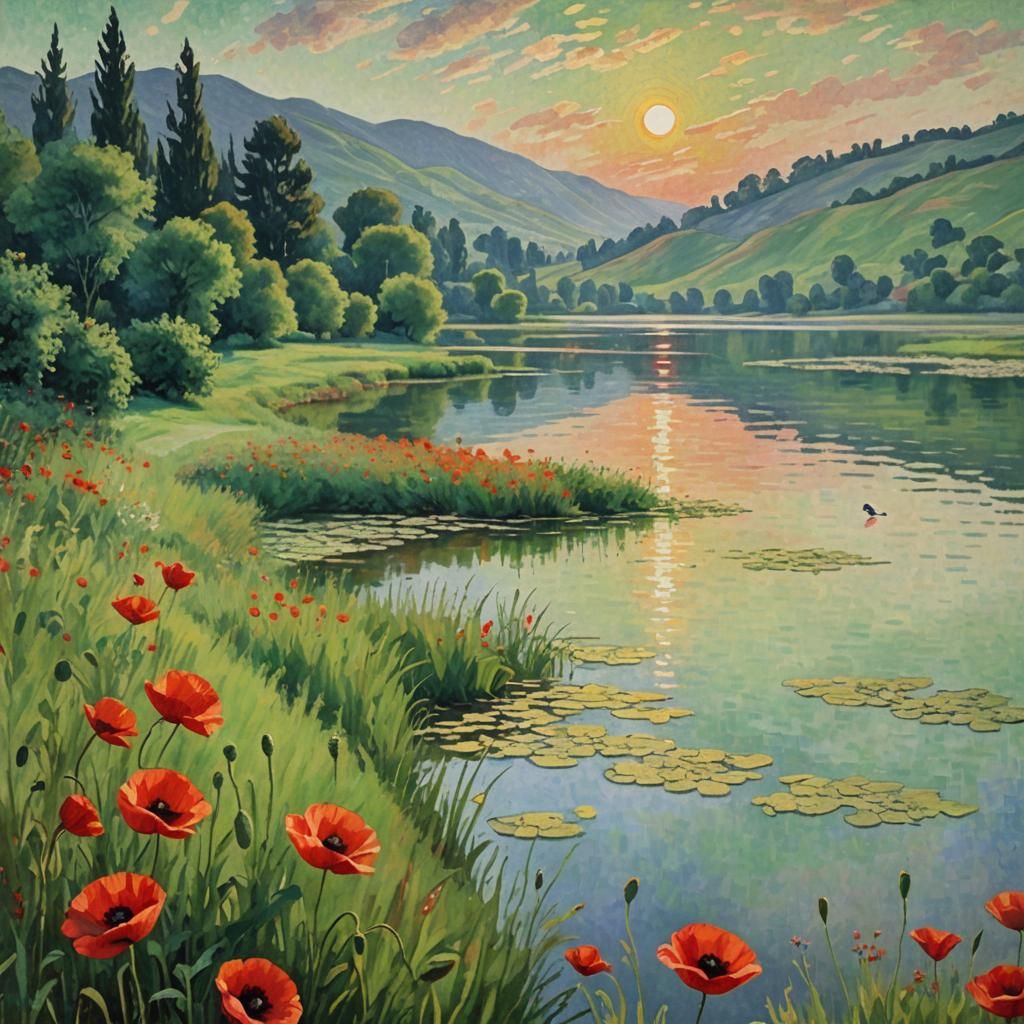 Poppy and Ibis at Sunrise: Impressionist Lake Scene