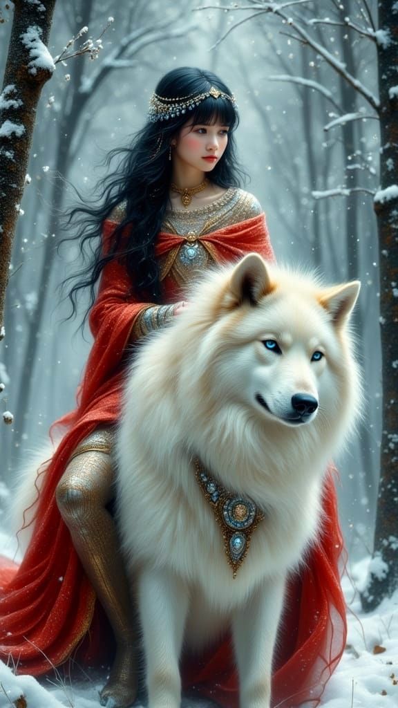 Enchanting Fairy Woman Sits with White Wolf in Snowy Forest