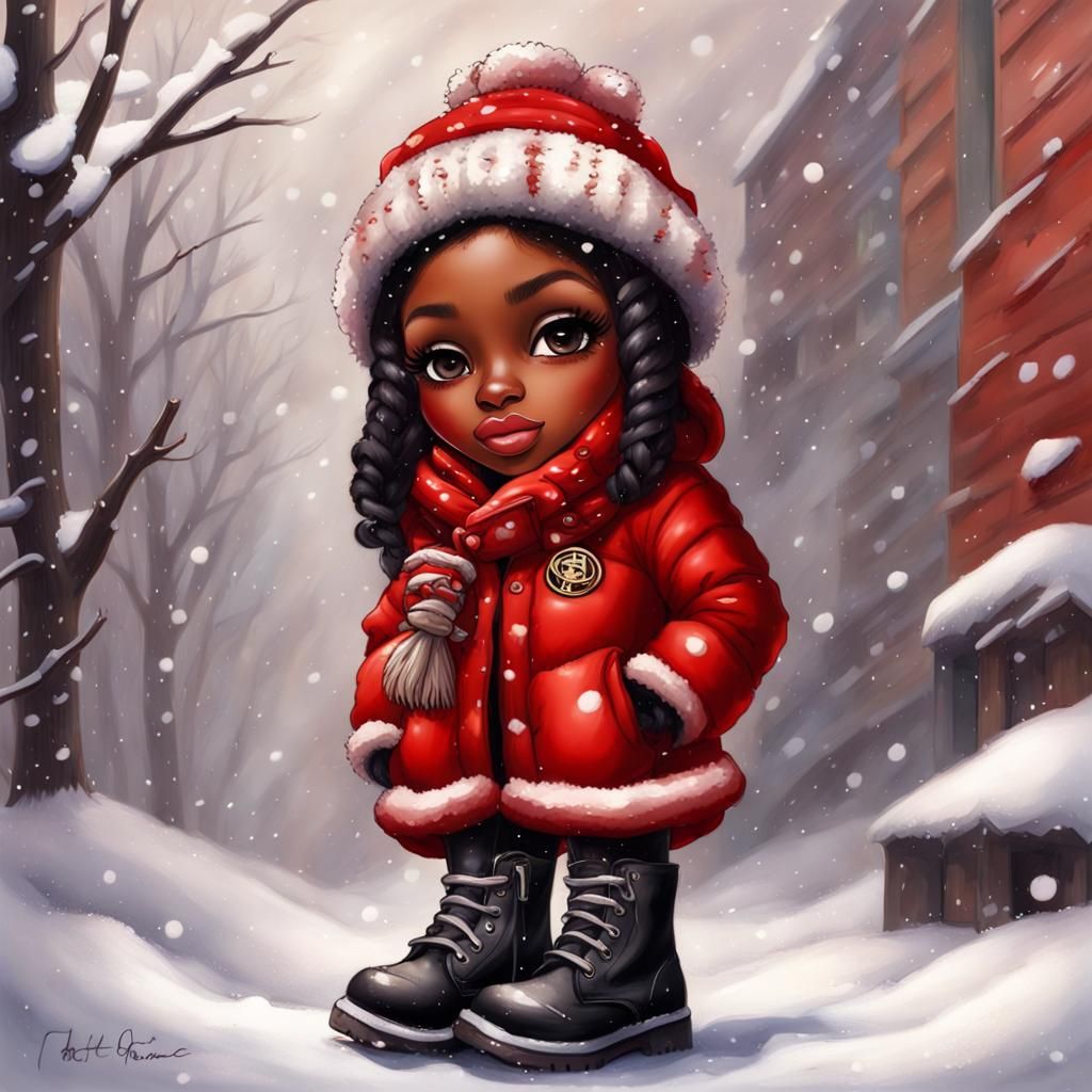 Chibi Woman in 49ers Gear in Snowy City