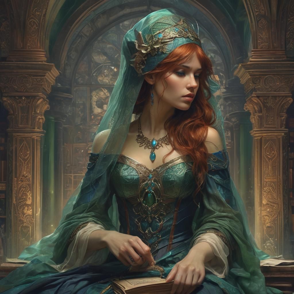 Draconic Servant in Art Nouveau Library