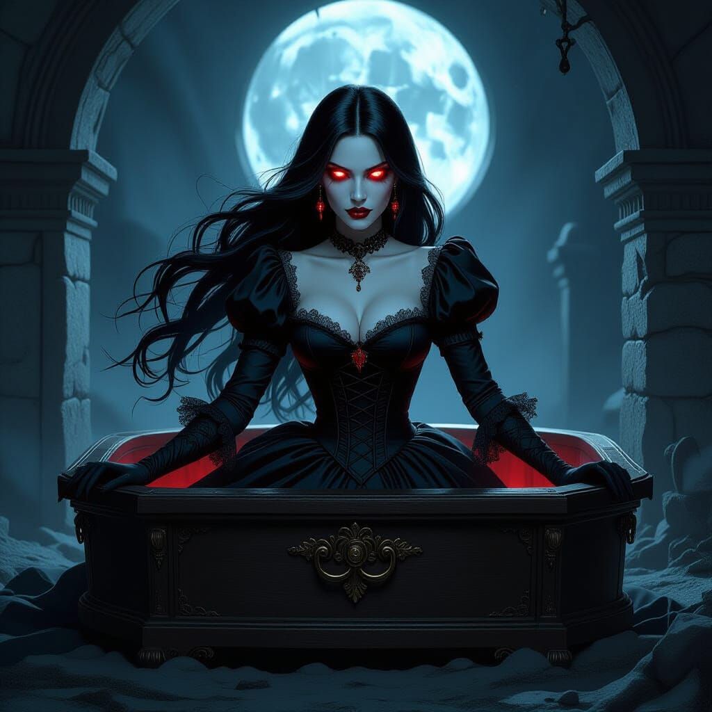 Seductive Vampire Rises from Coffin in Gothic Crypt