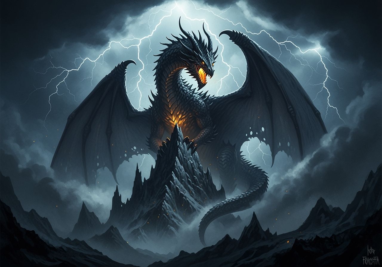 Ancient Obsidian Dragon on Stormy Peak in Painterly Style