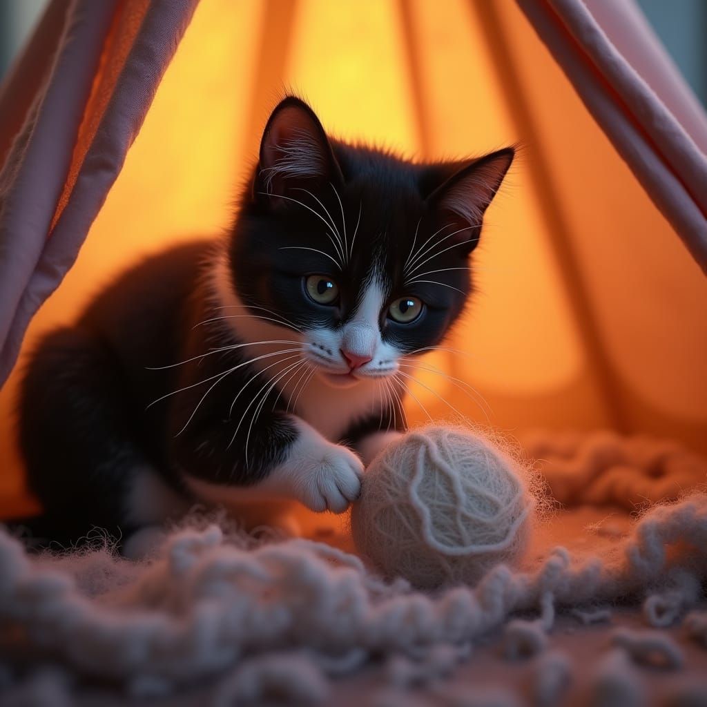 Black and White Cat Plays with Wool in Golden Teepee