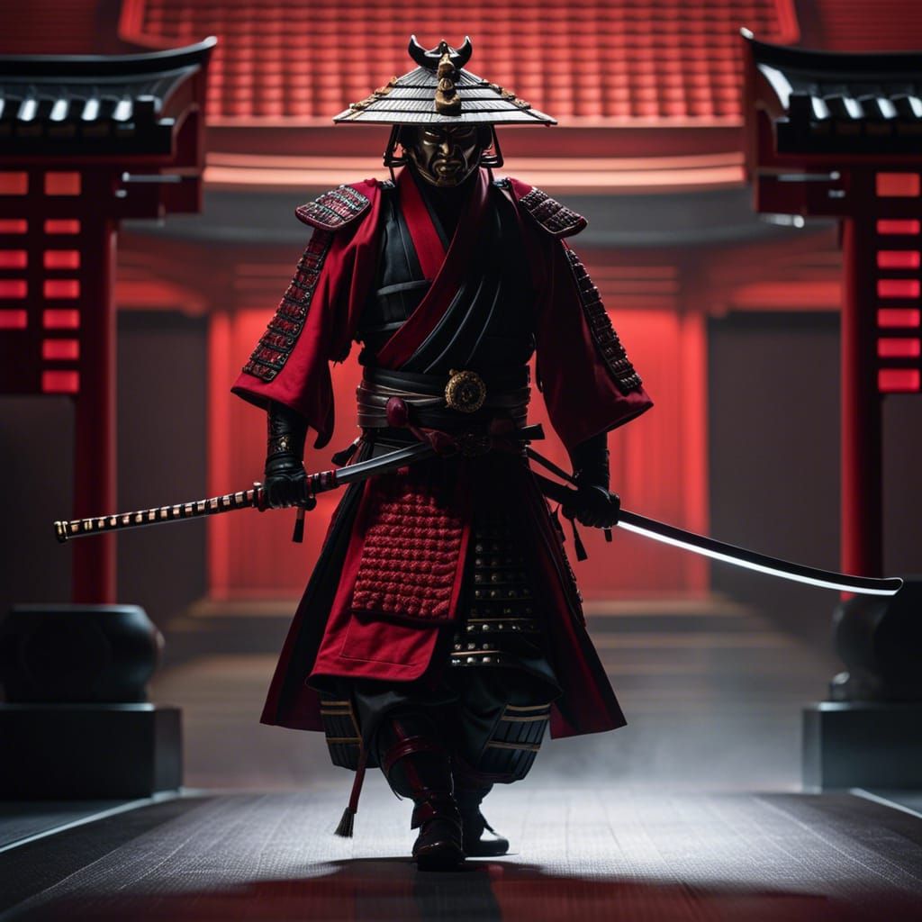 Hyperrealistic Samurai in Dark Red and Black