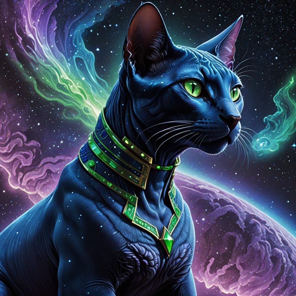 Cosmic Blue Sphinx Cat Floats in Starry Nebula